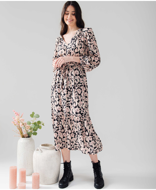 Robe MADELEINE longue Imprim floral Col cache c ur Noir C