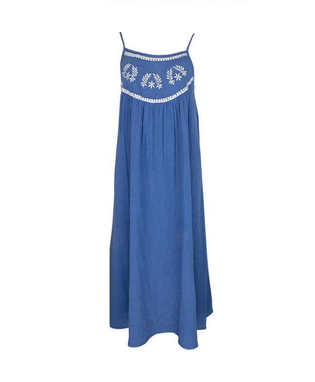 Robe PAULIA longue gaze de coton fines bretelles broderie poitrine - Saphir - C'est Beau la Vie