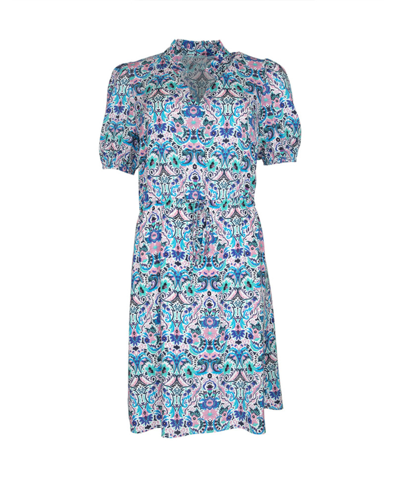Robe LISBONNE courte imprimé fleurs manches courtes col volants taille élastiquée - Rose - C'est Beau la Vie