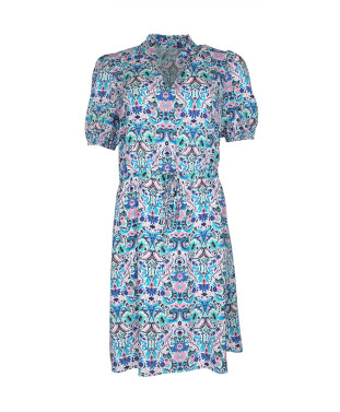 Robe LISBONNE courte imprimé fleurs manches courtes col volants taille élastiquée - Rose - C'est Beau la Vie