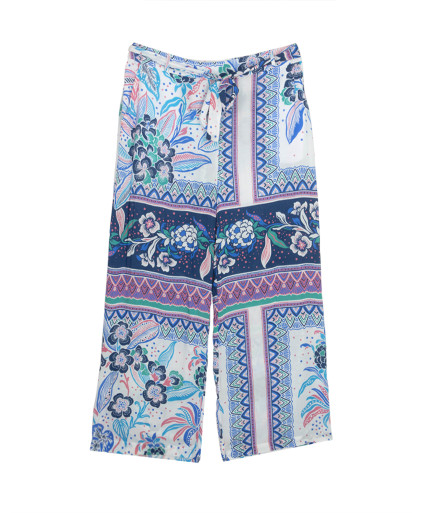 Pantalon PRISCILLA fluide large raccourci imprimé foulard taille élastiquée - Saphir - C'est Beau la Vie