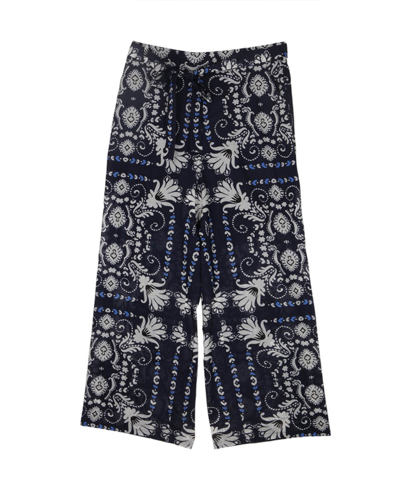Pantalon CAPUCINE fluide large raccourci imprimé foulard taille élastiquée  - Indigo - C'est Beau la Vie
