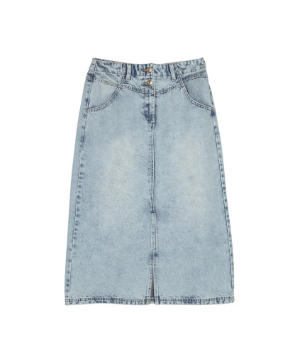 Jupe BETTY en denim mi-longue fente avant 2 bouton métal - Bleach - C'est Beau la Vie