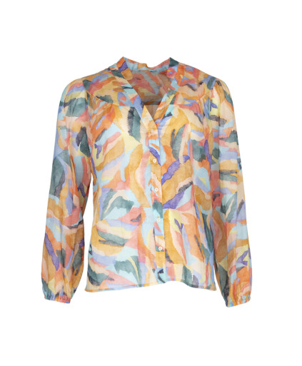 Chemise AQUARELLE imprimée col V manches longues bouffantes - Corail - C'est Beau la Vie