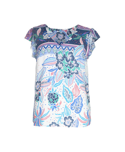 Blouse PRISCILLA col V manches volants imprimé foulard - Saphir - C'est Beau la Vie
