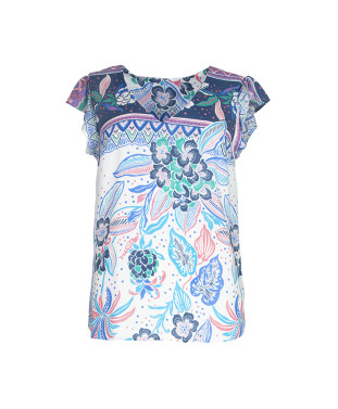 Blouse PRISCILLA col V manches volants imprimé foulard - Saphir - C'est Beau la Vie