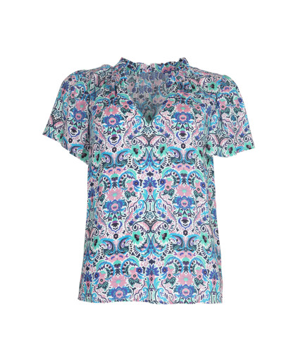 Chemise LISBONNE col froufrou manches courtes imprimé foulard - Rose - C'est Beau la Vie