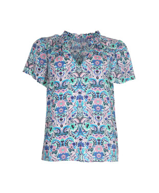 Chemise LISBONNE col froufrou manches courtes imprimé foulard - Rose - C'est Beau la Vie