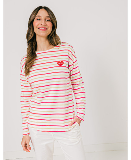 Sweatshirt MADDIE rayures bicolores horizontales manches longues patch cœur poitrine - Rouge - C'est Beau la Vie