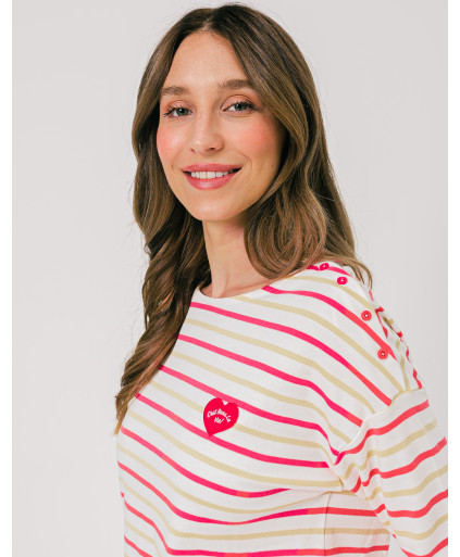 Sweatshirt MADDIE rayures bicolores horizontales manches longues patch cœur poitrine - Rouge - C'est Beau la Vie