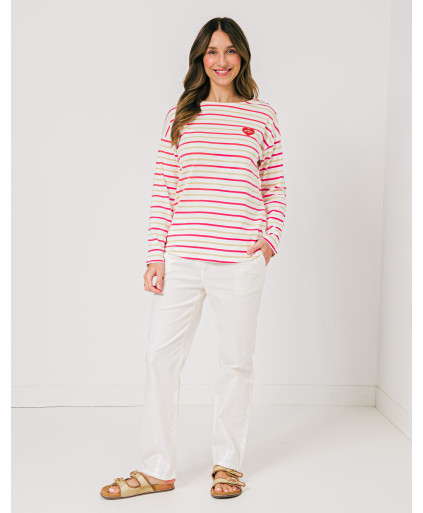 Sweatshirt MADDIE rayures bicolores horizontales manches longues patch cœur poitrine - Rouge - C'est Beau la Vie
