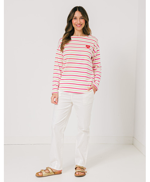 Sweatshirt MADDIE rayures bicolores horizontales manches longues patch cœur poitrine - Rouge - C'est Beau la Vie Sweatshirt MADDIE rayures bicolores horizontales manches longues patch cœur poitrine - Rouge - C'est Beau la Vie