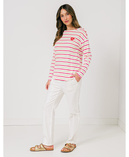 Sweatshirt MADDIE rayures bicolores horizontales manches longues patch cœur poitrine - Rouge - C'est Beau la Vie