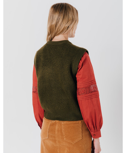 Pull AMBRE - Pull kimono sans manches maille mouliné -  Dark olive - C'est Beau la Vie