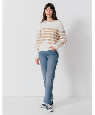 Pull SUNDAY - Pull jeu de rayures boutons dorés épaule -  Ecru - C'est Beau la Vie
