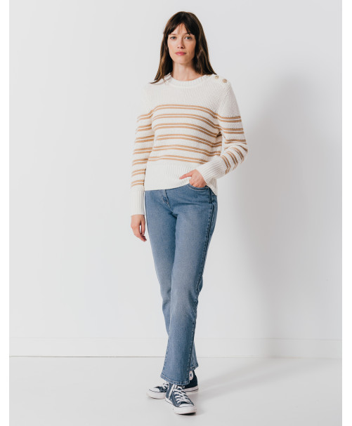 Pull SUNDAY - Pull jeu de rayures boutons dorés épaule - Ecru - C'est Beau la Vie Pull SUNDAY - Pull jeu de rayures boutons dorés épaule - Ecru - C'est Beau la Vie