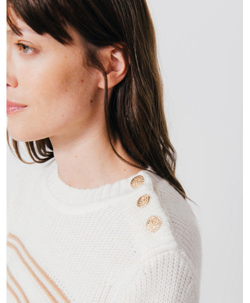 Pull SUNDAY - Pull jeu de rayures boutons dorés épaule -  Ecru - C'est Beau la Vie