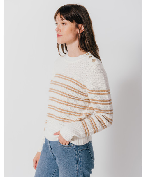 Pull SUNDAY - Pull jeu de rayures boutons dorés épaule -  Ecru - C'est Beau la Vie