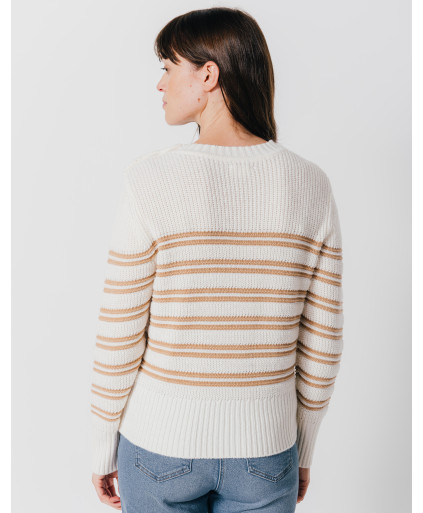 Pull SUNDAY - Pull jeu de rayures boutons dorés épaule -  Ecru - C'est Beau la Vie