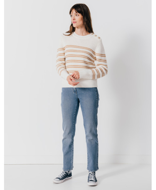 Pull SUNDAY - Pull jeu de rayures boutons dorés épaule -  Ecru - C'est Beau la Vie