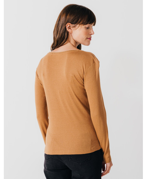 Tee-shirt EUGENE - Tee-shirt manches longues col rond finition lurex -  Caramel - C'est Beau la Vie