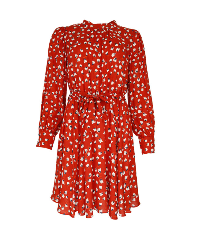 Robe DOUCEUR  - Robe courte imprimée fleur manches ballons et ceinturée -  Rouge - C'est Beau la Vie