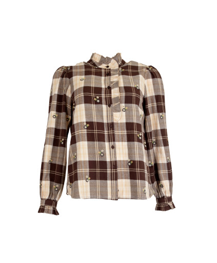 Chemise ROSALIE - Chemise à carreaux et fleurs brodées col victorien -  Crevette - C'est Beau la Vie