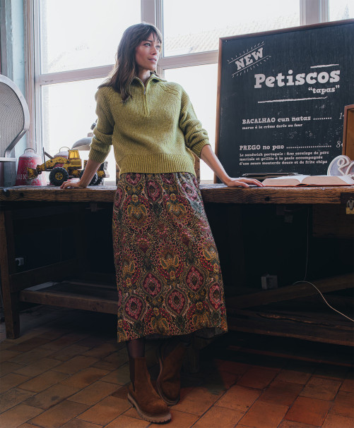 Jupe AMY  - Jupe longue imprimé cachemire taille élastiquée -  Dark olive - C'est Beau la Vie Jupe AMY  - Jupe longue imprimé cachemire taille élastiquée -  Dark olive - C'est Beau la Vie