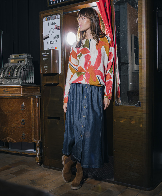 Jupe ALIZEE - Jupe longue en denim fluide bouton cornes dos élastiqué -  Brut - C'est Beau la Vie