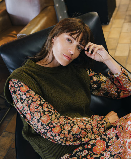 Pull AMBRE - Pull kimono sans manches maille mouliné -  Dark olive - C'est Beau la Vie