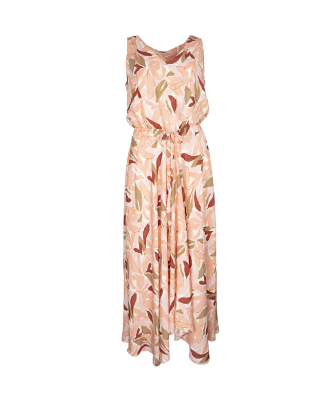 Robe TULUM longue imprimé feuille sans manches col V - Corail - C'est Beau la Vie