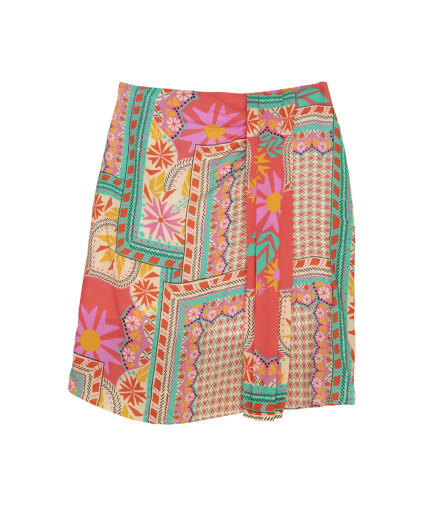 Jupe AGADIR courte imprimé foulard plis ceinture taille élastiquée fente avant - Flamingo - C'est Beau la Vie