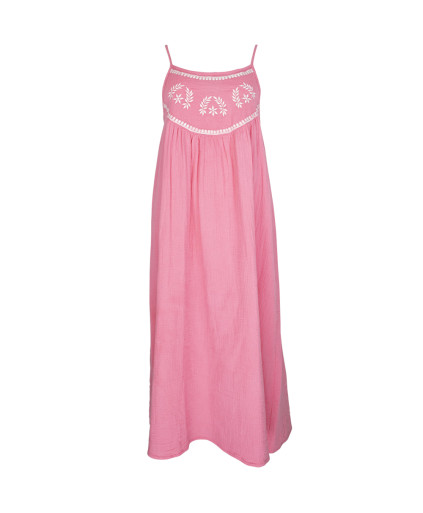 Robe PAULIA longue gaze de coton fines bretelles broderie poitrine - Rose Pop - C'est Beau la Vie