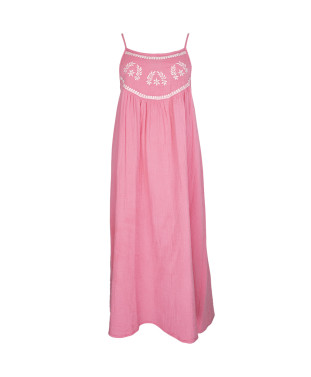 Robe PAULIA longue gaze de coton fines bretelles broderie poitrine - Rose Pop - C'est Beau la Vie