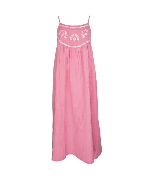 Robe PAULIA longue gaze de coton fines bretelles broderie poitrine - Rose Pop - C'est Beau la Vie