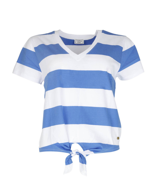 Tee-shirt PARME grosses rayures col V manches courtes noué en bas - Saphir - C'est Beau la Vie